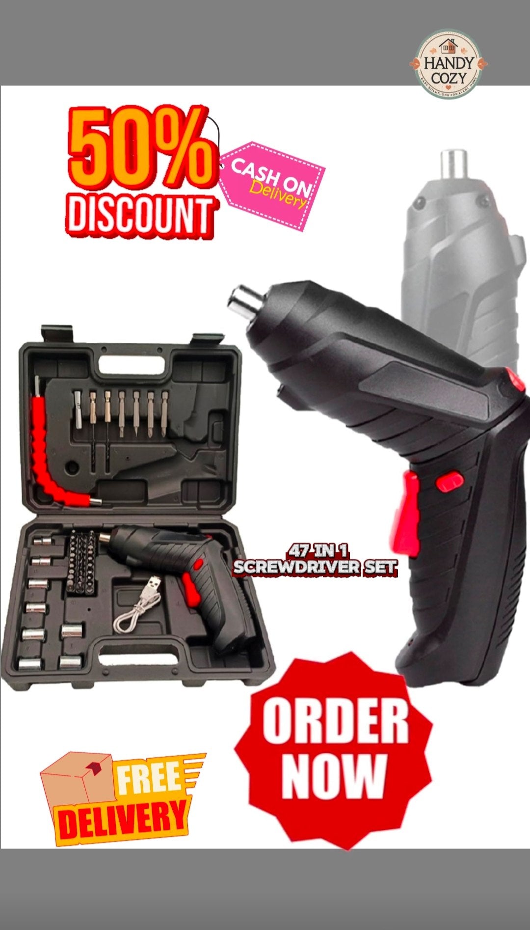 HandyCozy 48-in-1 Cordless Electric Screwdriver Set with LED Light (3.6V) – Compact DIY Repair Tool Kit