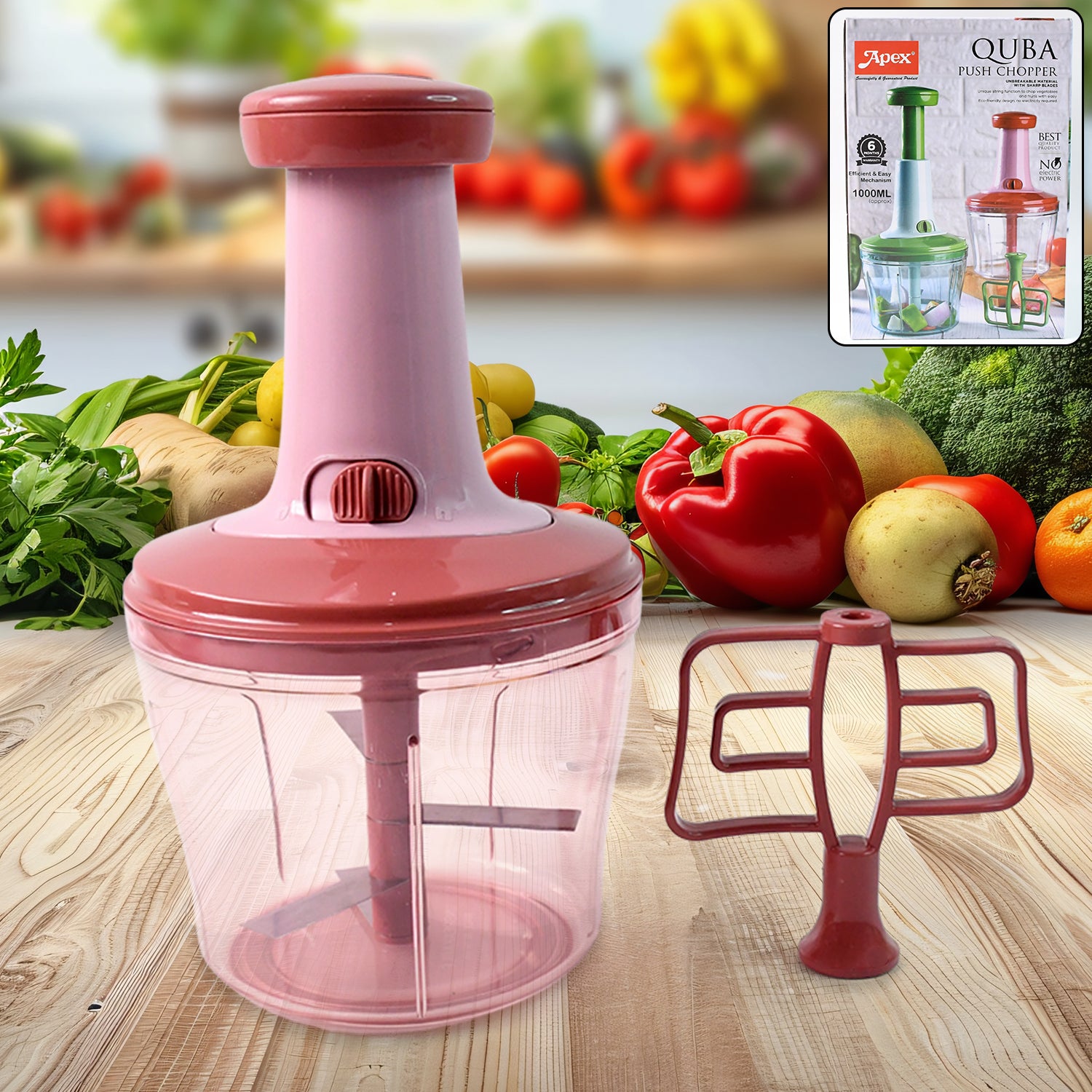Apex  Quba Push Chopper With Stainless Steel Blades (1000ml)